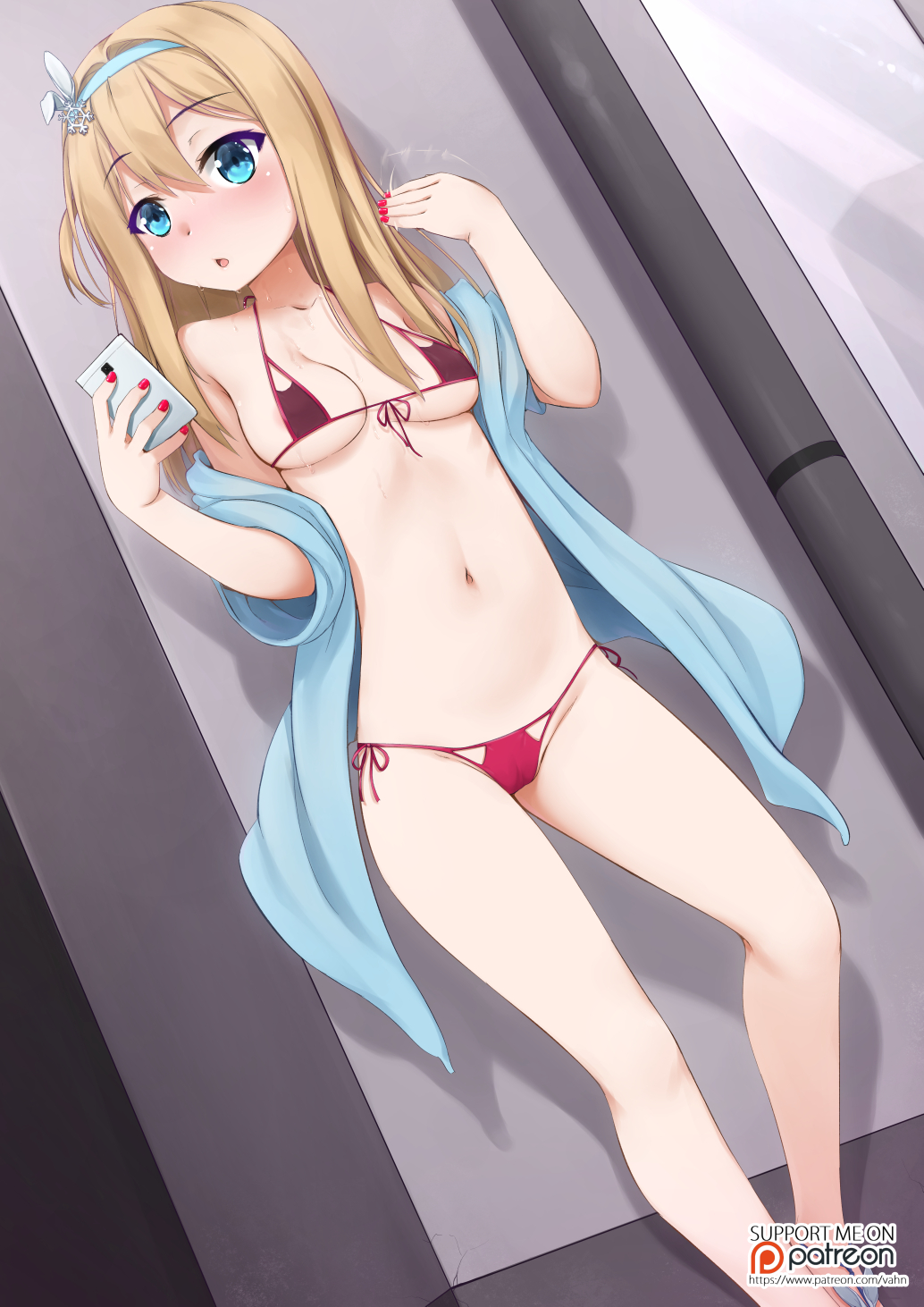 1girl bangs bikini blue_eyes blue_hairband blush breasts cellphone collarbone commentary dutch_angle eyebrows_visible_through_hair fanning_face fanning_self fingernails girls_frontline groin hair_between_eyes hair_ornament hairband highres holding holding_cellphone holding_phone jacket light_brown_hair long_hair long_sleeves looking_at_viewer medium_breasts nail_polish navel nose_blush one_side_up open_clothes open_jacket phone purple_bikini red_nails side-tie_bikini snowflake_hair_ornament solo suomi_kp31_(girls_frontline) sweat swimsuit vahn_yourdoom watermark web_address wide_sleeves