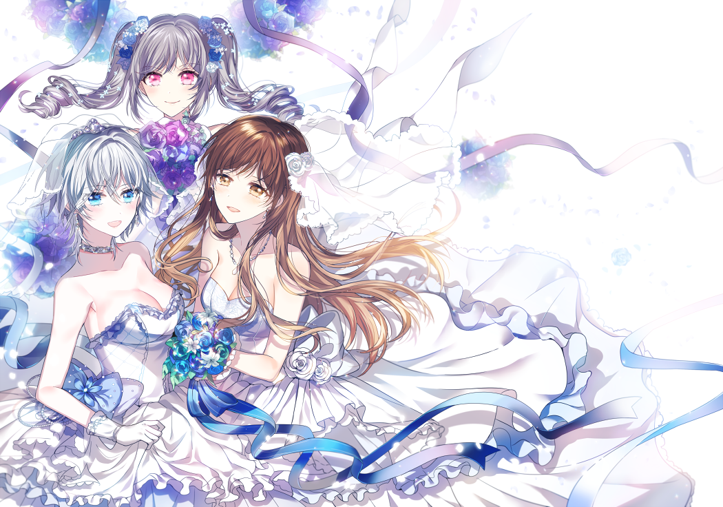 3girls :d anastasia_(idolmaster) bangs black_hair blue_bow blue_eyes blue_flower blue_rose bouquet bow breasts bridal_veil brown_eyes brown_hair choker cleavage dress flower gloves grey_hair hair_flower hair_ornament holding holding_bouquet idolmaster idolmaster_cinderella_girls jewelry kanzaki_ranko large_breasts long_hair looking_at_viewer love_laika medium_breasts multiple_girls necklace nennen nitta_minami open_mouth purple_ribbon red_eyes ribbon rose short_hair smile strapless strapless_dress tiara twintails veil wedding_dress white_dress white_flower white_gloves white_rose