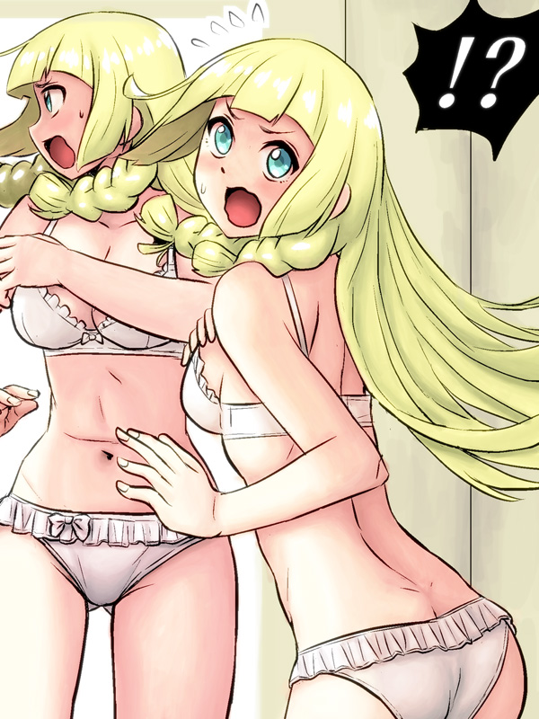 !? 1girl ass back bangs blonde_hair blunt_bangs bow bow_bra bow_panties bra braid breasts caught cleavage commentary_request flying_sweatdrops frilled_bra frilled_panties frills from_behind full_body green_eyes lillie_(pokemon) long_hair looking_at_viewer looking_back medium_breasts naradesukedo navel open_mouth panties pokemon pokemon_(game) pokemon_sm spoken_interrobang standing surprised twin_braids underwear underwear_only white_bra white_panties