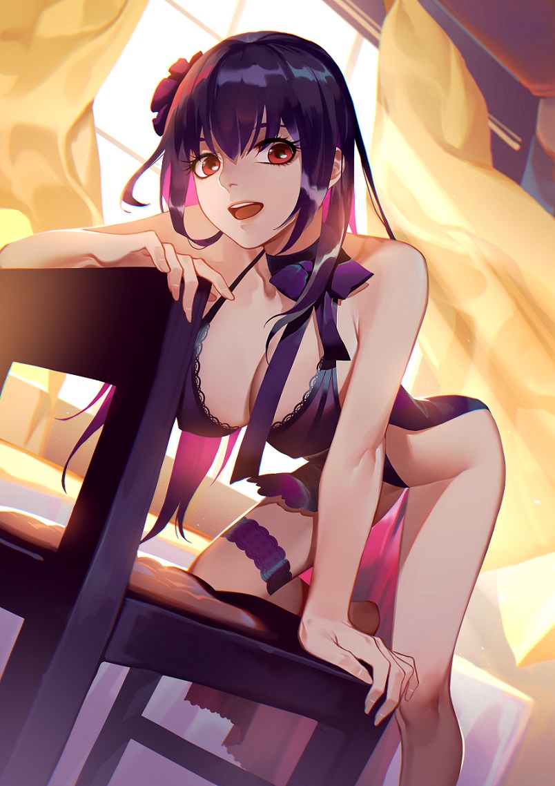 1girl :d ass bare_shoulders barefoot breasts chair choker cleavage curtains daye_bie_qia_lian erect_nipples fate/grand_order fate_(series) flower hair_flower hair_ornament kneeling lingerie long_hair looking_at_viewer open_mouth purple_hair red_eyes scathach_(fate/grand_order) smile solo teeth underwear window