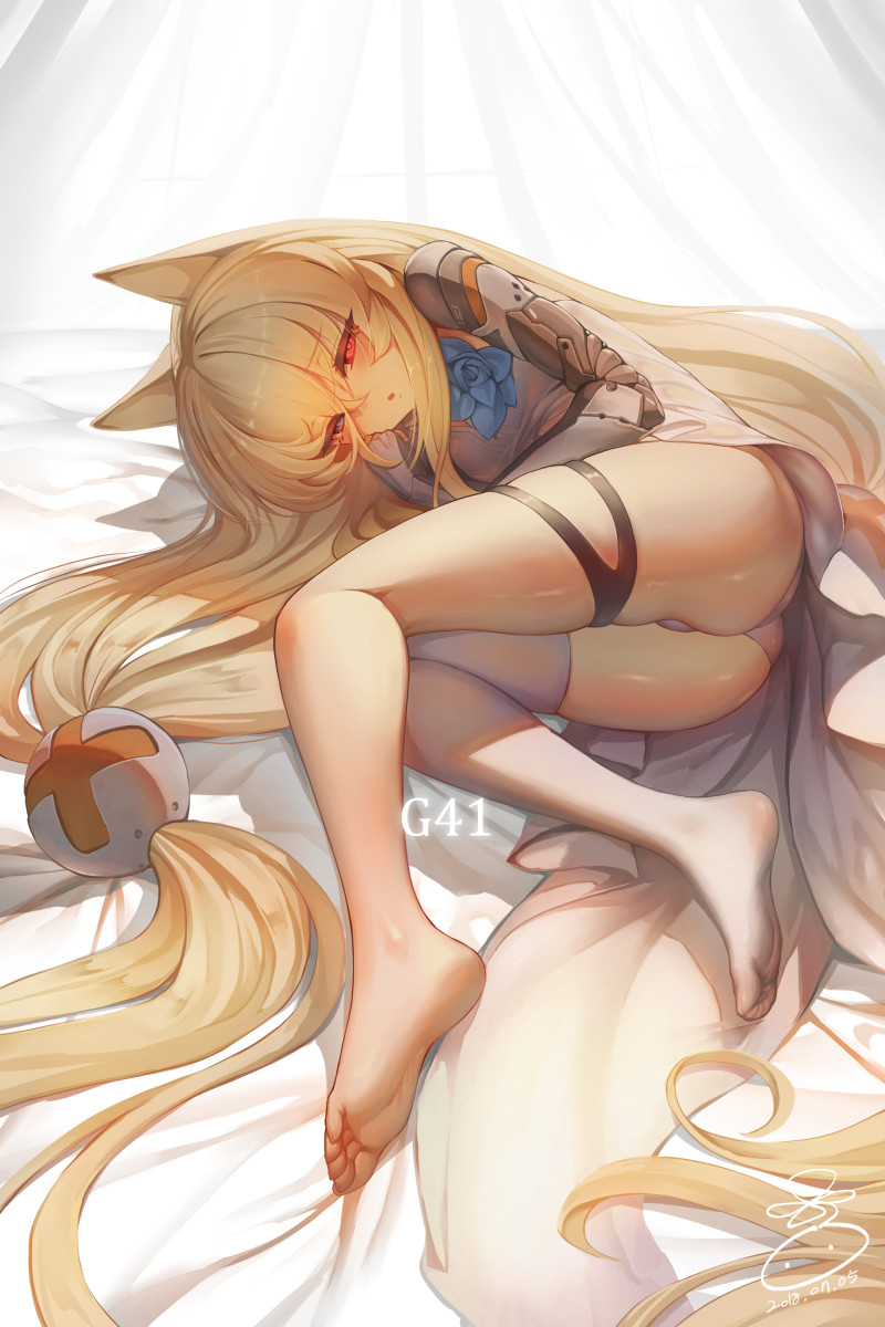 1girl animal_ears armor ass bangs bed_sheet blonde_hair blue_eyes blush breasts character_name dated dress eyebrows_visible_through_hair g41_(girls_frontline) girls_frontline gloves hair_between_eyes hair_ornament half-closed_eyes hand_to_own_cheek heterochromia highres long_hair looking_at_viewer lying on_side open_clothes open_dress open_mouth panties red_eyes short_dress sidelocks signature single_thighhigh skindentation solo suerte thigh-highs thigh_strap underwear very_long_hair white_legwear white_panties
