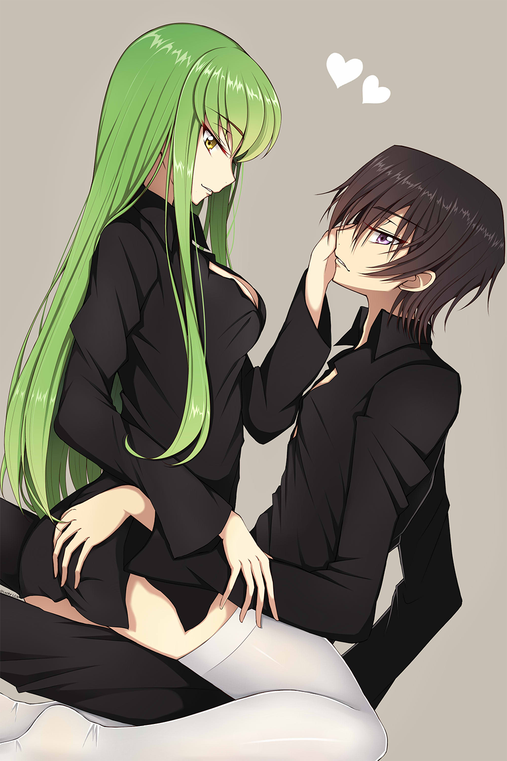 1boy 1girl bangs black_hair black_pants black_shirt breasts c.c. cleavage code_geass eye_contact eyebrows_visible_through_hair from_side girl_on_top green_hair grey_background hand_on_another's_ass hand_on_another's_cheek hand_on_another's_face heart highres lelouch_lamperouge long_hair looking_at_another lucky_keai medium_breasts pants parted_lips shiny shiny_hair shirt sitting smile thigh-highs very_long_hair violet_eyes white_legwear yellow_eyes