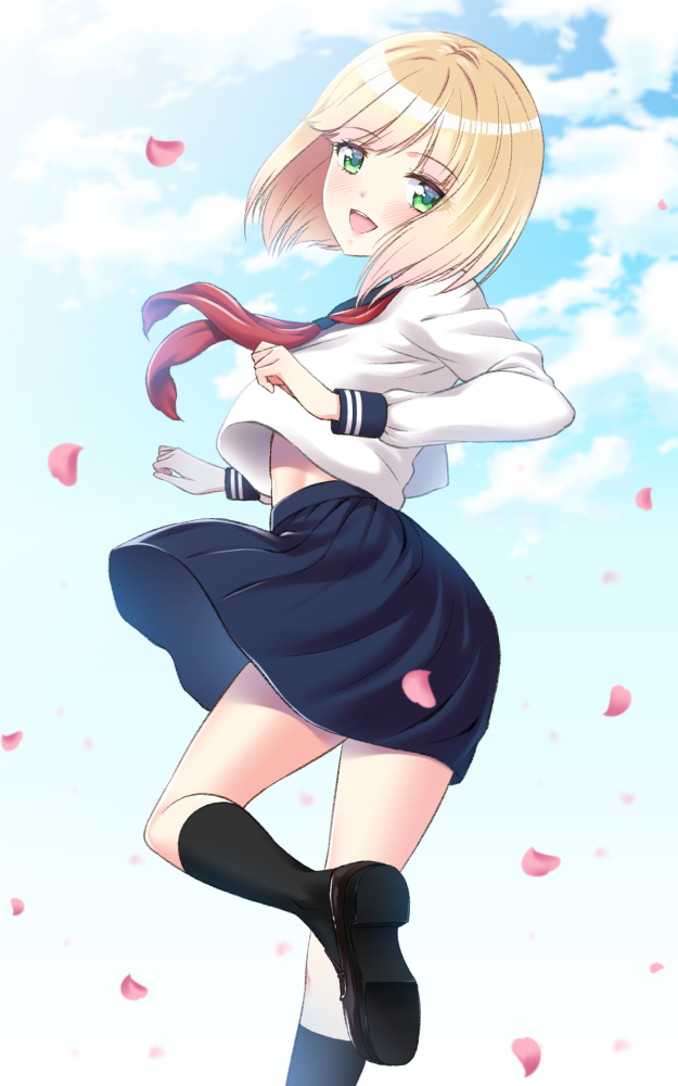 1girl :d bangs black_legwear black_skirt blonde_hair blue_sky blush brown_footwear clouds cloudy_sky commentary_request day eyebrows_visible_through_hair green_eyes hands_up head_tilt kneehighs long_sleeves looking_at_viewer looking_to_the_side neckerchief nijisanji open_mouth outdoors petals red_neckwear round_teeth school_uniform serafuku shirihime shirt shoe_soles skirt sky smile solo standing standing_on_one_leg suzuya_aki teeth upper_teeth virtual_youtuber white_shirt