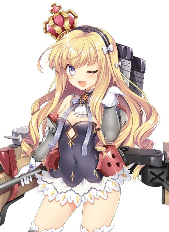 1girl artist_request azur_lane bangs blue_eyes breasts cleavage crown curly_hair detached_sleeves eyebrows_visible_through_hair fang gloves headband long_hair looking_at_viewer navel one_eye_closed queen_elizabeth_(azur_lane) simple_background small_breasts smokestack solo violet_eyes white_background