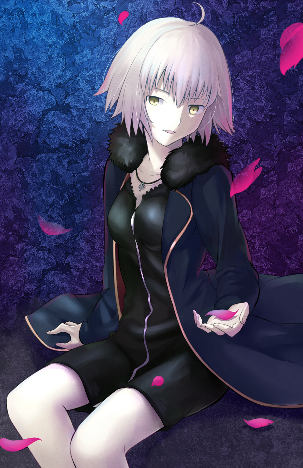 1girl ahoge arm_support bangs besmiled black_coat black_dress blunt_bangs collarbone dress fate/grand_order fate_(series) fur_trim hair_between_eyes highres jeanne_d'arc_(alter)_(fate) jeanne_d'arc_(fate)_(all) jewelry looking_at_viewer necklace open_mouth pixiv_fate/grand_order_contest_1 red_petals short_dress short_hair silver_hair sitting solo yellow_eyes