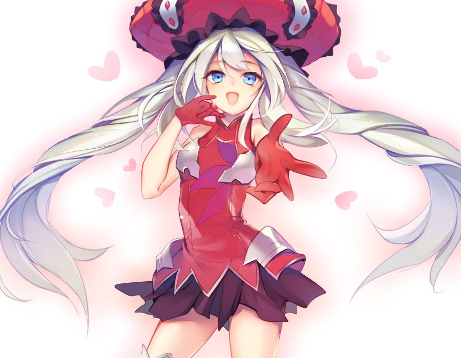 1girl :d black_skirt blue_eyes cowboy_shot fate/grand_order fate_(series) gloves hat heart long_hair looking_at_viewer marie_antoinette_(fate/grand_order) mg_kurino open_mouth outstretched_hand red_gloves red_hat shirt simple_background skirt sleeveless sleeveless_shirt smile solo twintails white_background white_hair