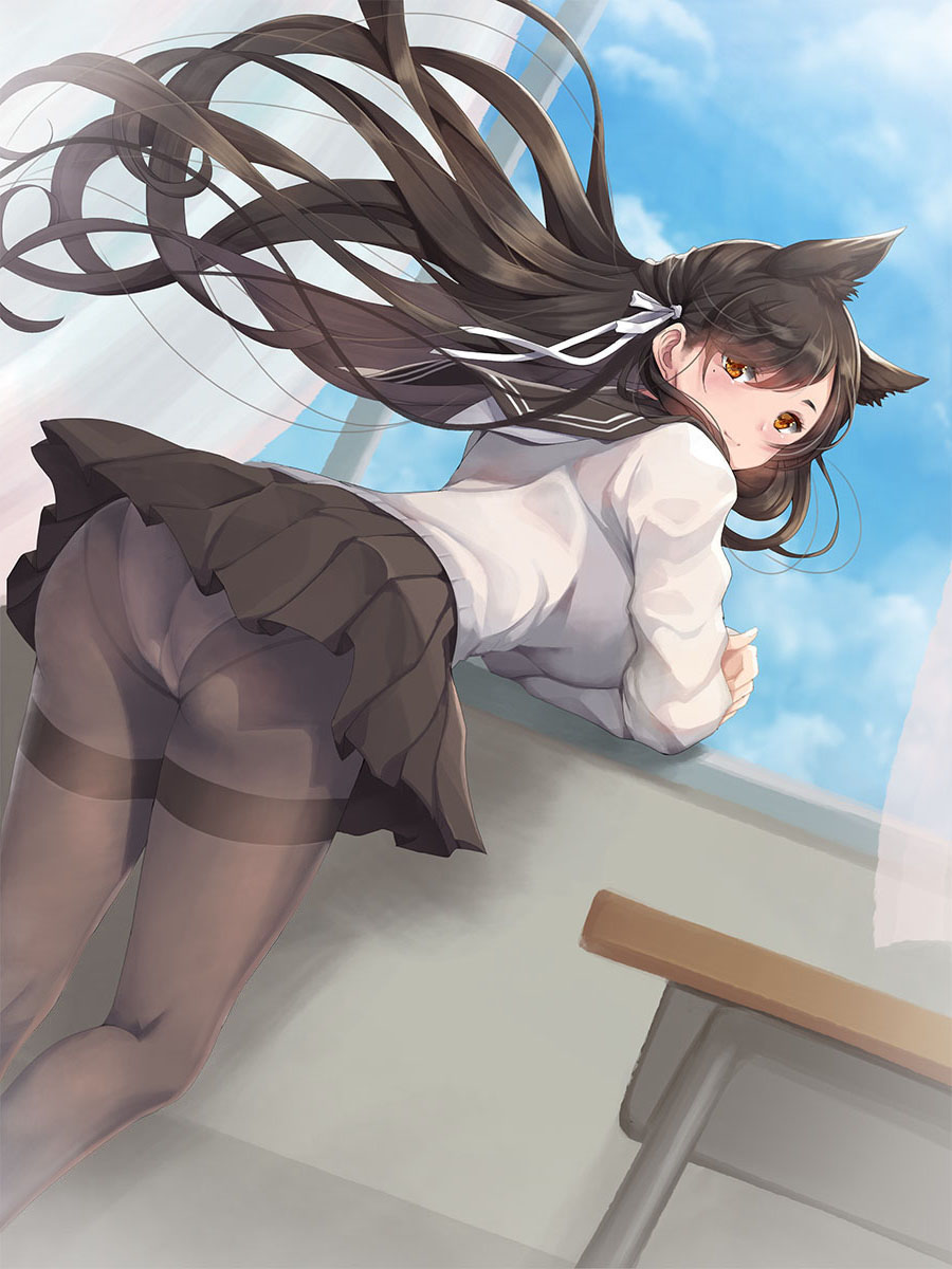 1girl animal_ears ass atago_(azur_lane) azur_lane bangs black_hair black_sailor_collar black_skirt blue_sky brown_eyes brown_legwear cat_ears closed_mouth clouds commentary_request curtains day desk dutch_angle extra_ears eyebrows_visible_through_hair fingernails hair_between_eyes hair_ribbon highres indoors koflif leaning_forward light_smile long_hair long_sleeves looking_at_viewer looking_back mole mole_under_eye panties panties_under_pantyhose pantyhose pleated_skirt ribbon sailor_collar school_desk school_uniform serafuku shirt skirt sky solo thighband_pantyhose thighs underwear very_long_hair white_panties white_ribbon white_shirt wind window