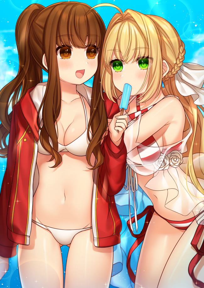 2girls ahoge arm_hug bangs bare_shoulders bikini blonde_hair braid breasts brown_eyes brown_hair cleavage collarbone commentary criss-cross_halter english_commentary eyebrows_visible_through_hair fate/extra fate/grand_order fate_(series) feeding food green_eyes groin hair_between_eyes hair_intakes halterneck high_ponytail holding holding_food jacket karokuchitose kishinami_hakuno_(female) large_breasts leaning_forward long_hair long_sleeves medium_breasts multiple_girls navel nero_claudius_(fate)_(all) nero_claudius_(swimsuit_caster)_(fate) open_clothes open_jacket ponytail popsicle red_jacket see-through sidelocks striped striped_bikini swimsuit very_long_hair white_bikini