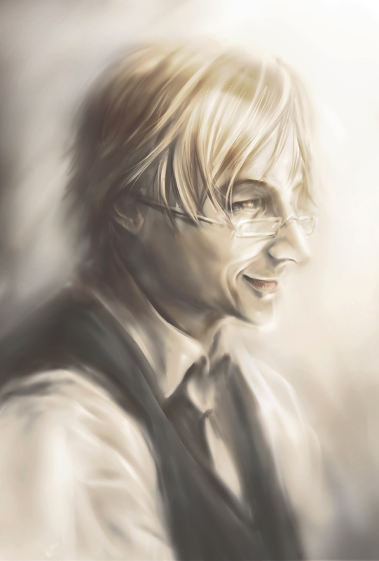 1boy black_vest blonde_hair glasses grey_eyes male_focus paradiso_santo_claudio realistic ristorante_paradiso smile solo takuma_takeda upper_body vest white_neckwear