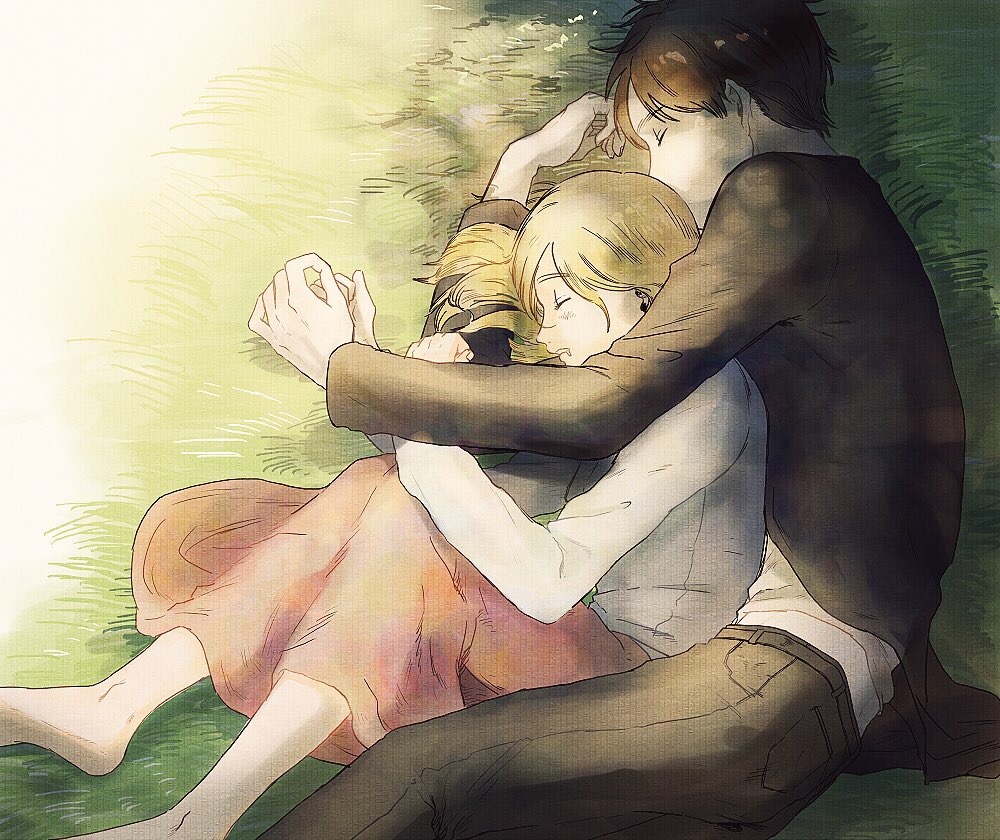 1boy 1girl blonde_hair christa_renz closed_eyes enko_(bbbbin) eren_yeager grass hug saliva shingeki_no_kyojin skirt sleeping