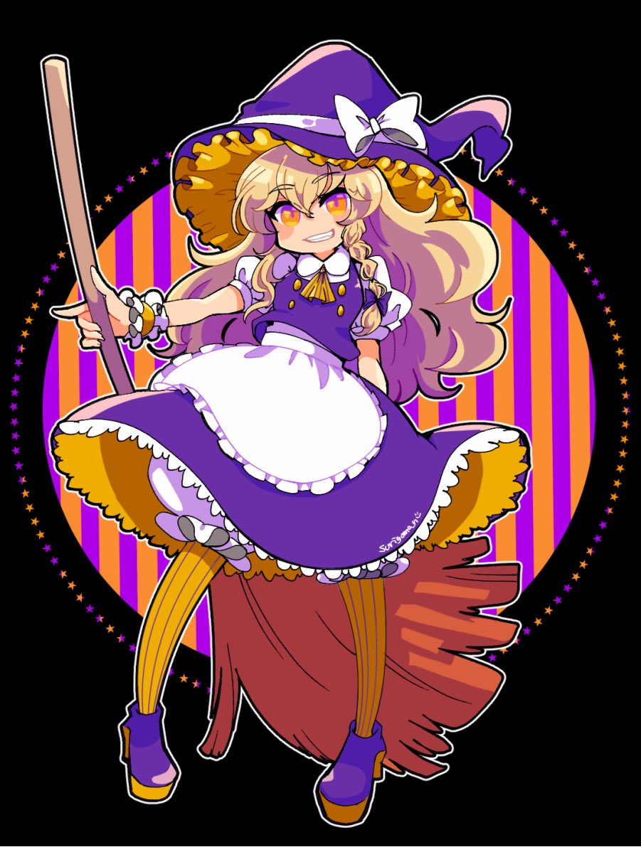 1girl alternate_color apron artist_name bangs black_background blonde_hair bloomers blush_stickers bow braid broom commentary_request full_body grin hair_bow hat hat_bow holding holding_broom kirisame_marisa long_hair looking_at_viewer orange_legwear pantyhose platform_footwear puffy_short_sleeves puffy_sleeves purple_bow purple_footwear purple_headwear purple_skirt purple_vest shirt shoes short_sleeves single_braid skirt smile solo star_(symbol) striped striped_background striped_legwear surigoma touhou underwear vest waist_apron white_bow white_shirt witch_hat wrist_cuffs yellow_neckwear