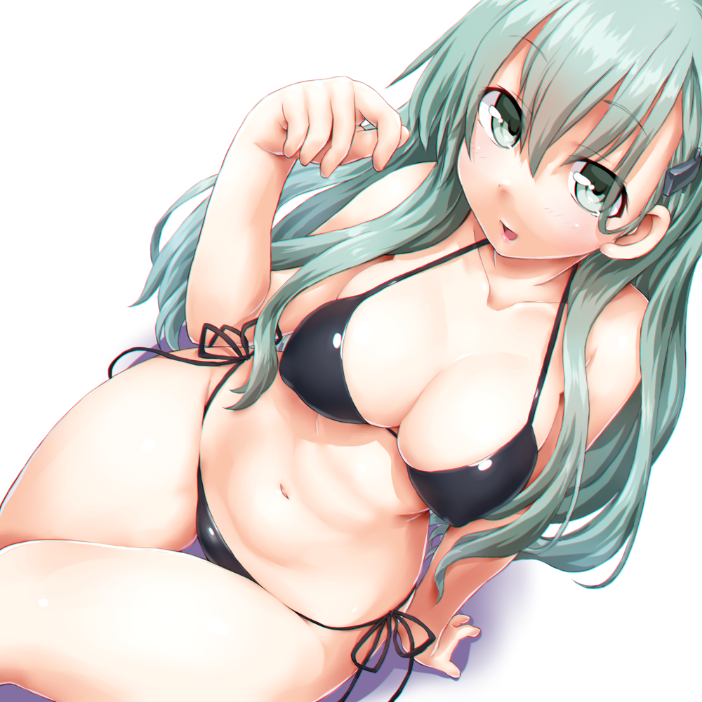 1girl aqua_eyes aqua_hair arm_support bikini black_bikini breasts cleavage collarbone dd_(ijigendd) dutch_angle erect_nipples eyebrows_visible_through_hair from_above hair_between_eyes hair_ornament hair_over_shoulder hairclip halterneck hand_in_hair hand_up kantai_collection large_breasts long_hair looking_at_viewer medium_breasts navel open_mouth shiny shiny_clothes side-tie_bikini simple_background sitting smile solo suzuya_(kantai_collection) swimsuit thigh_gap white_background wide_hips