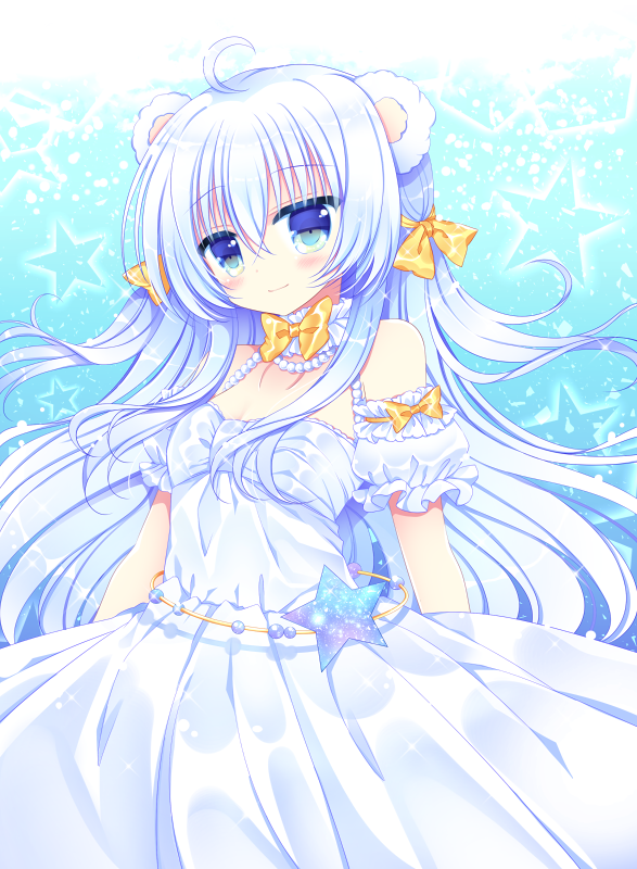 1girl animal_ears bangs bear_ears blue_eyes blue_hair blush bow closed_mouth commentary_request detached_sleeves dress eyebrows_visible_through_hair hair_between_eyes hair_bow head_tilt light_smile long_hair looking_at_viewer orange_bow original pleated_dress puffy_short_sleeves puffy_sleeves shikito short_sleeves silver_dress sleeveless sleeveless_dress solo star very_long_hair