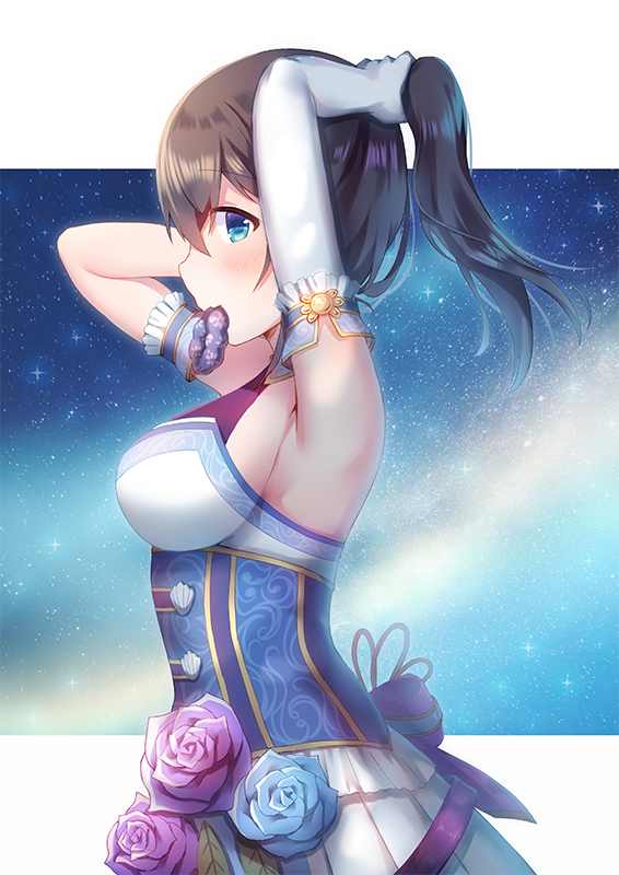 1girl arm_cuffs arms_up bangs blue_eyes blue_flower blue_rose blue_scrunchie blush breasts brown_hair bunching_hair commentary_request elbow_gloves eyebrows_visible_through_hair flower from_side gloves hair_between_eyes hair_tie_in_mouth high_ponytail idolmaster idolmaster_cinderella_girls large_breasts mouth_hold night night_sky pleated_skirt ponytail profile purple_flower purple_rose rose sagisawa_fumika shirt single_elbow_glove skirt sky sleeveless sleeveless_shirt solo star_(sky) starry_sky white_gloves white_shirt white_skirt zinczinc_ka