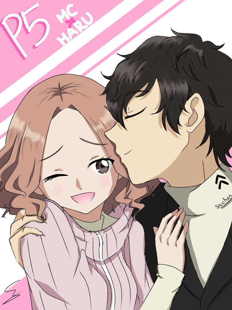 1boy 1girl ;d amamiya_ren black_hair blazer blush brown_hair closed_eyes couple jacket okumura_haru one_eye_closed open_mouth persona persona_5 pink_sweater ribbed_sweater smile souchan sweater turtleneck turtleneck_sweater