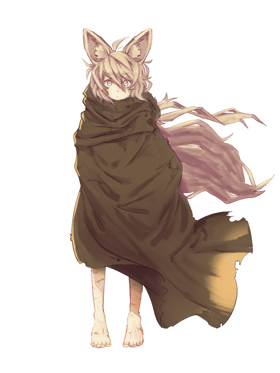 1girl animal_ears barefoot cloak cuts dirty dirty_feet full_body fumafu highres injury light_brown_eyes light_brown_hair long_hair original simple_background torn_clothes white_background wind