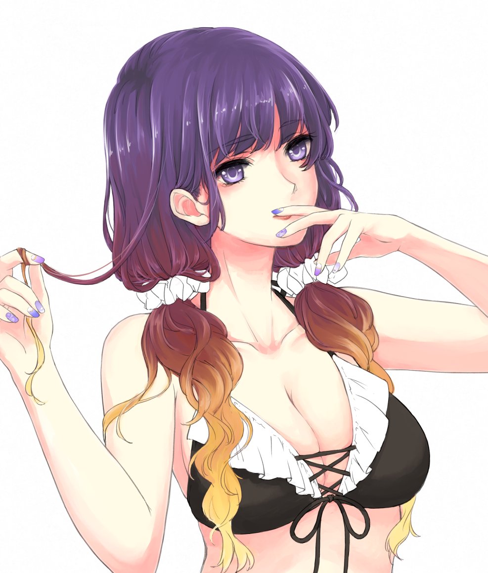 1girl alternate_hairstyle bare_shoulders bikini bikini_top blonde_hair breasts cleavage collarbone commentary ears eyebrows_visible_through_hair frilled_bikini frills gradient_hair hijiri_byakuren large_breasts long_hair mayoln multicolored_hair nail_polish purple_hair purple_nails scrunchie simple_background solo swimsuit touhou twintails two-tone_hair violet_eyes white_background