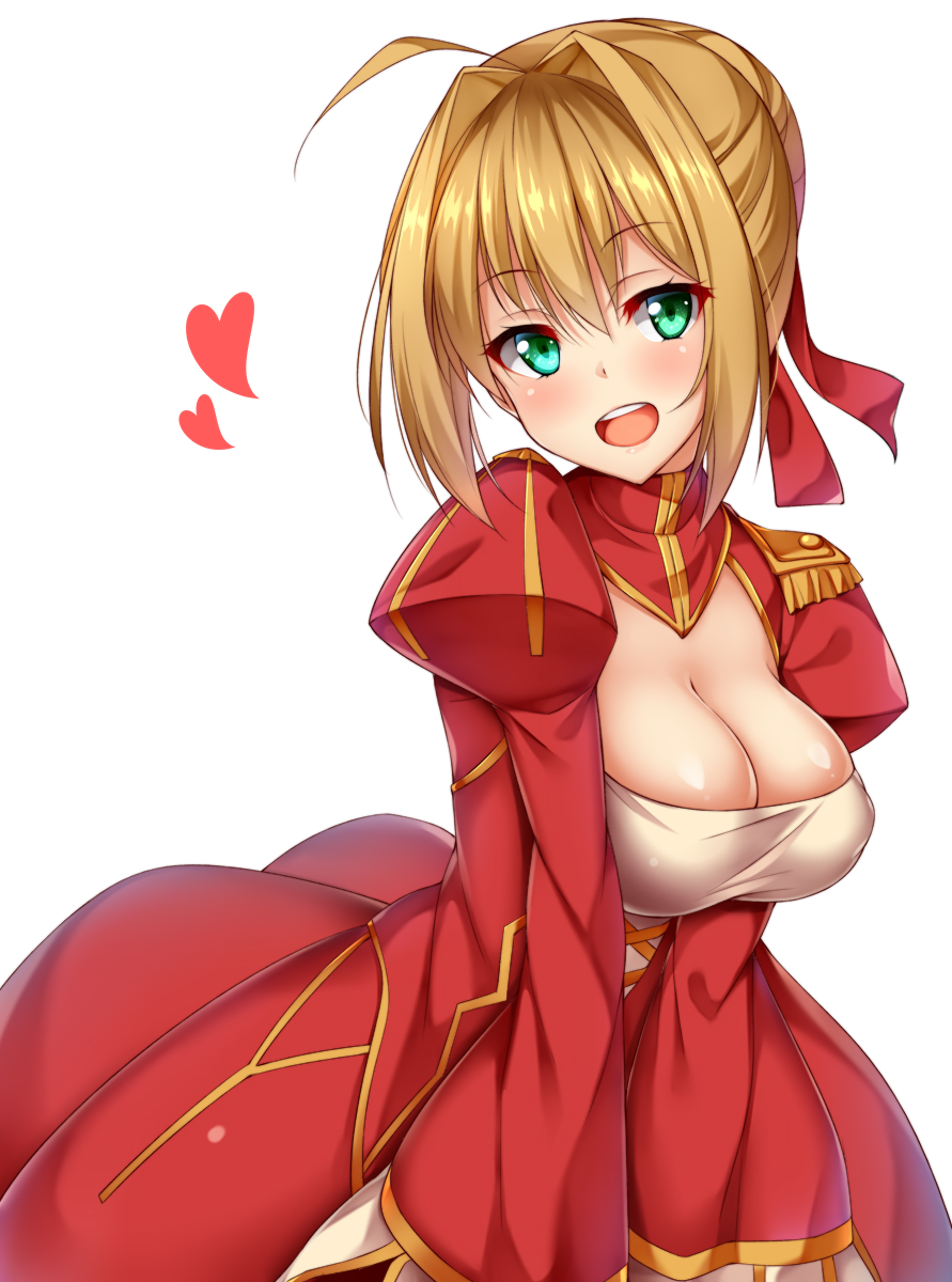 1girl aestus_estus ahoge bangs blonde_hair breasts cleavage commentary_request dress epaulettes fate/extra fate_(series) green_eyes hair_between_eyes hair_intakes heart highres kuragari large_breasts looking_at_viewer nero_claudius_(fate) nero_claudius_(fate)_(all) open_mouth red_dress solo white_background