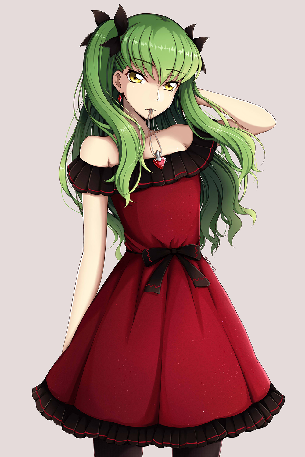 1girl black_legwear black_ribbon c.c. code_geass collarbone cosplay cowboy_shot crossover dress earrings eyebrows_visible_through_hair fate/stay_night fate_(series) floating_hair green_hair grey_background hair_between_eyes hair_ribbon hand_in_hair highres jewelry long_hair looking_at_viewer lucky_keai mouth_hold necklace pantyhose red_dress ribbon shiny shiny_hair simple_background sleeveless sleeveless_dress solo standing tohsaka_rin tohsaka_rin_(cosplay) twintails very_long_hair
