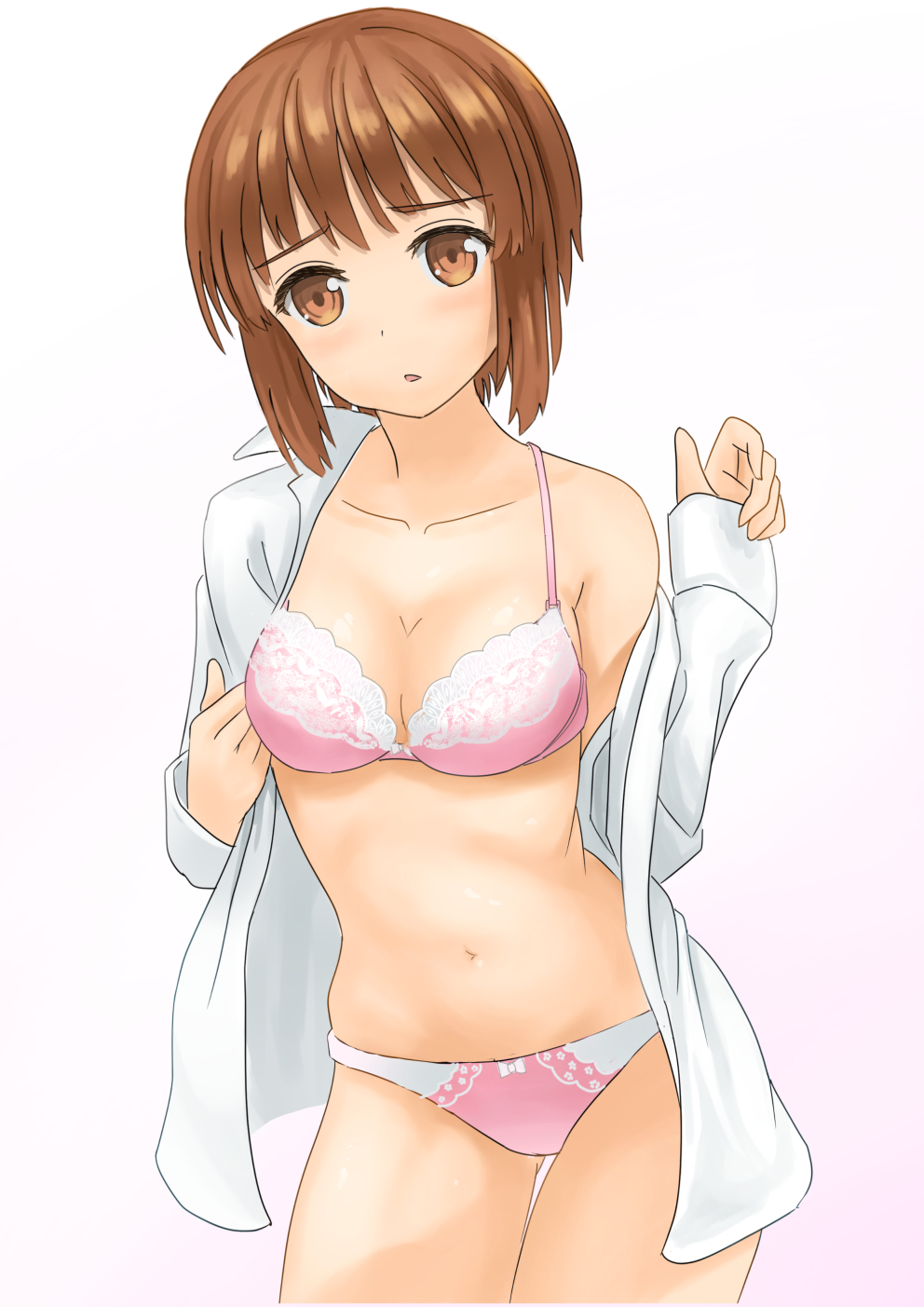 1girl bangs bow bow_bra bow_panties bra breasts brown_eyes brown_hair commentary cowboy_shot dress_shirt girls_und_panzer gradient gradient_background highres light_frown long_sleeves looking_at_viewer medium_breasts navel nishizumi_miho no_pants off_shoulder open_clothes open_shirt panties parted_lips pink_background pink_bra pink_panties shirt short_hair soil_(doitakumi11) solo standing thigh_gap underwear white_shirt