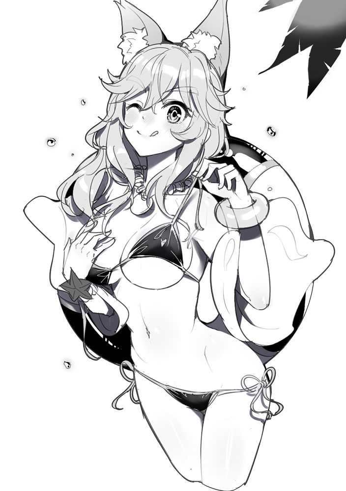 1girl ;q animal_ears bangs bikini blush breasts cleavage closed_mouth eyebrows_visible_through_hair fate/grand_order fate_(series) fox_ears greyscale hair_between_eyes hand_on_own_chest hands_up innertube large_breasts long_hair looking_at_viewer monochrome nose_blush one_eye_closed ririko_(zhuoyandesailaer) see-through side-tie_bikini simple_background solo swimsuit tamamo_(fate)_(all) tamamo_no_mae_(swimsuit_lancer)_(fate) thick_eyebrows tongue tongue_out transparent white_background