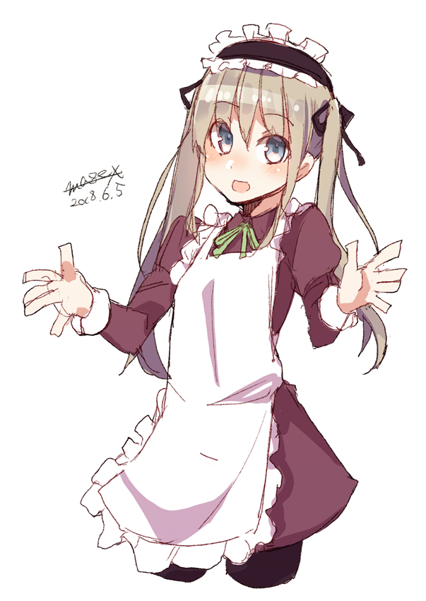 1girl :d apron black_hairband black_legwear black_ribbon blue_eyes brown_dress brown_hair collared_dress cropped_legs dated dress frilled_apron frilled_hairband frills green_ribbon hair_ribbon hairband hands_up juliet_sleeves long_hair long_sleeves maid maid_apron maze_(gochama_ze_gohan) neck_ribbon open_mouth original pantyhose puffy_sleeves ribbon signature simple_background sketch smile solo twintails white_apron white_background