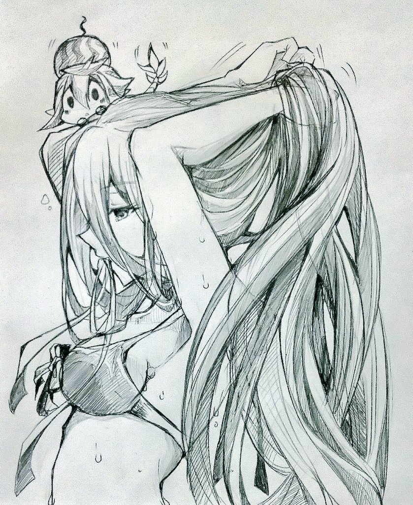 1boy 1girl aqua_(fire_emblem_if) bra chibi fire_emblem fire_emblem_if graphite_(medium) hair_over_one_eye long_hair male_my_unit_(fire_emblem_if) mermaid monster_girl my_unit_(fire_emblem_if) shiratsu_(white-seaside) traditional_media tying_hair underwear