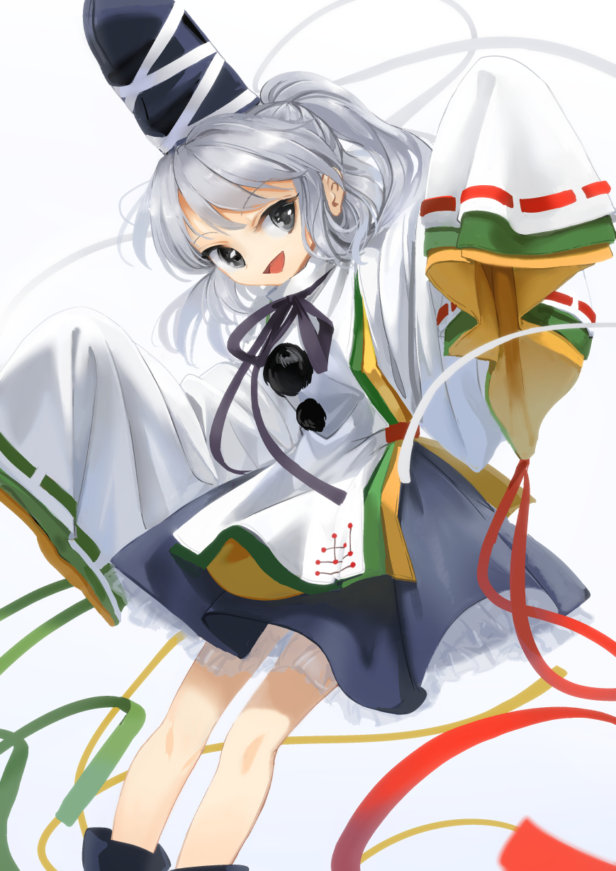 1girl :d bangs black_ribbon blue_hat blue_skirt eyebrows_visible_through_hair grey_eyes hat highres japanese_clothes long_hair long_sleeves mononobe_no_futo open_mouth ponytail ribbon ribbon-trimmed_sleeves ribbon_trim silver_hair skirt sleeves_past_fingers sleeves_past_wrists smile solo suna_(s73d) tate_eboshi touhou wide_sleeves