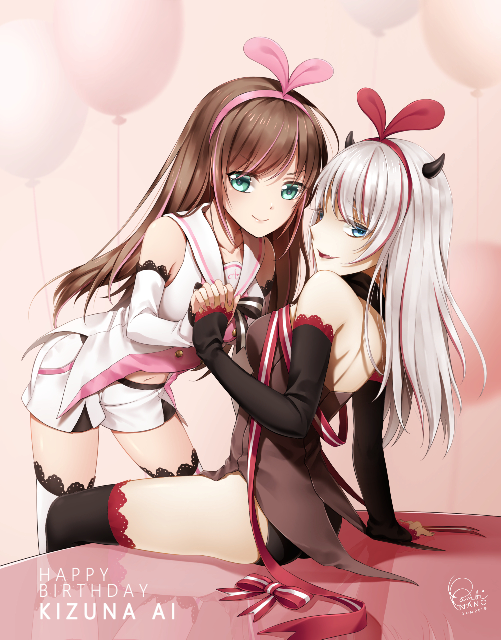 2girls a.i._channel arm_support ass bambi_nano bare_shoulders black_legwear black_shorts blue_eyes breasts brown_hair dark_persona detached_sleeves dual_persona green_eyes hairband hand_holding highres kizuna_ai long_hair looking_at_viewer medium_breasts multicolored_hair multiple_girls navel pink_hairband red_hairband reflection ribbon sailor_collar shiny shiny_skin shirt shorts silver_hair simple_background sitting smile standing thigh-highs thighs two-tone_hair virtual_youtuber white_legwear white_shorts zettai_ryouiki