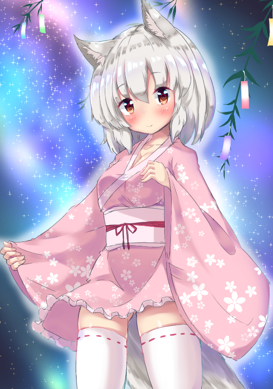 1girl :&gt; alternate_costume animal_ears aura bamboo bangs blush breasts cherry_blossoms cleavage commentary_request cowboy_shot cropped_legs eyebrows_visible_through_hair floral_print frilled_kimono frills hair_between_eyes hand_on_own_chest head_tilt inubashiri_momiji japanese_clothes kimono looking_at_viewer night obi onomiya outdoors red_eyes ribbon-trimmed_legwear ribbon_trim sash short_hair short_kimono silver_hair sky sleeves_past_wrists small_breasts smile solo standing star_(sky) starry_sky tail tanabata tanzaku thigh-highs touhou white_legwear wolf_ears wolf_tail yukata zettai_ryouiki