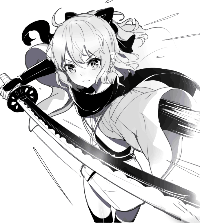 &gt;:( 1girl arm_guards bangs blush bow closed_mouth eyebrows_visible_through_hair fate/grand_order fate_(series) greyscale hair_between_eyes hair_bow haori holding holding_sword holding_weapon japanese_clothes katana kimono koha-ace long_sleeves monochrome okita_souji_(fate) okita_souji_(fate)_(all) ririko_(zhuoyandesailaer) scarf short_kimono simple_background solo sword thigh-highs v-shaped_eyebrows weapon white_background wide_sleeves