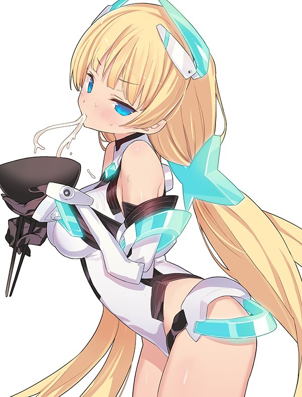 1girl angela_balzac bangs bare_shoulders black_gloves blade_(galaxist) blonde_hair blush bowl breasts chopsticks closed_mouth commentary_request detached_sleeves eating elbow_gloves eyebrows_visible_through_hair food gloves hair_ornament head_tilt headgear holding holding_bowl holding_chopsticks large_breasts leaning_forward leotard long_hair long_sleeves looking_at_viewer looking_to_the_side low_twintails neon_trim noodles rakuen_tsuihou simple_background slurping solo sweat twintails v-shaped_eyebrows very_long_hair white_background white_leotard x_hair_ornament