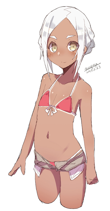 1girl bangs bare_arms bare_shoulders bikini blush brown_eyes closed_mouth collarbone cropped_legs dark_skin dated female flat_chest forehead front-tie_top grey_shorts maze_(gochama_ze_gohan) original parted_bangs red_bikini short_hair short_shorts shorts sidelocks signature silver_hair simple_background sketch smile solo swimsuit thick_eyebrows white_background