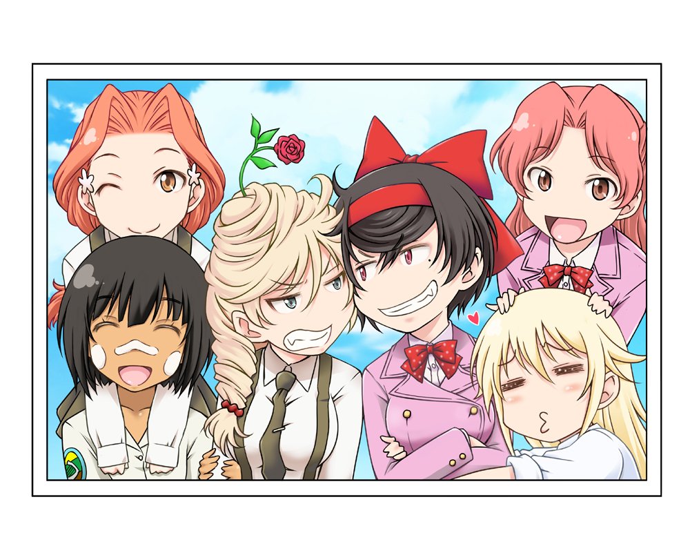 6+girls ;d =_= aung_(girls_und_panzer) bandaid bandaid_on_nose bangs black_border black_hair black_neckwear blonde_hair blue_eyes bonple_military_uniform border bow bowtie brown_eyes brown_hair character_request closed_mouth clouds cloudy_sky commentary_request crossed_arms day dress_shirt drill_hair face-to-face facepaint facing_viewer flower frown girls_und_panzer girls_und_panzer_ribbon_no_musha glaring grimace grin hair_flower hair_intakes hair_ornament hair_over_shoulder half-closed_eyes hands_on_another's_head heart hug iwami_kyuuto jacket jajka_(girls_und_panzer) long_hair looking_at_another looking_at_viewer matsukaze_rin mole mole_under_eye multiple_girls necktie one_eye_closed open_mouth outdoors photo_(object) polka_dot_neckwear ponytail pose puckered_lips purple_jacket red_eyes red_headband red_neckwear red_scrunchie redhead rose shirt short_hair single_drill sky smile standing suspenders tategoto_(emblem) tategoto_military_uniform tsuruki_shizuka uszka_(girls_und_panzer) v-shaped_eyebrows white_shirt