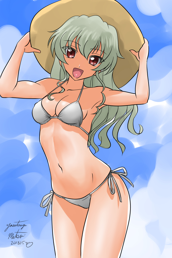 1girl :d alternate_hairstyle anchovy artist_name bikini blue_background breasts brown_hat cleavage commentary dated eyebrows_visible_through_hair girls_und_panzer green_hair hair_down hands_on_headwear hat head_tilt leaning_forward long_hair matsui_yasutsugu medium_breasts navel open_mouth red_eyes side-tie_bikini signature smile solo sun_hat swimsuit white_bikini
