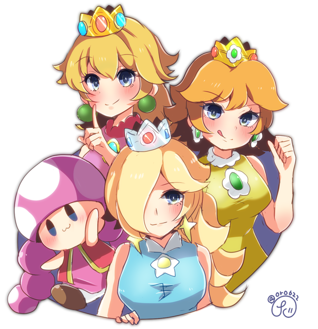 4girls :3 bangs blue_dress blue_eyes blush braid breasts closed_mouth commentary crown dress earrings herunia_kokuoji index_finger_raised jewelry large_breasts licking_lips mario_tennis multiple_girls mushroom pink_hair princess_daisy princess_peach red_vest rosetta_(mario) shirt signature sleeveless toadette tongue tongue_out twintails vest yellow_shirt
