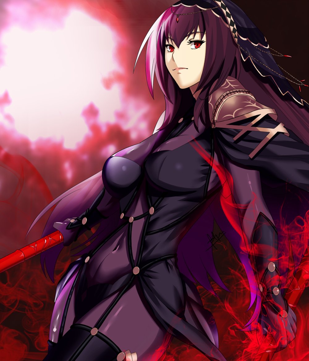 1girl bodysuit breasts commentary covered_navel english_commentary fate/grand_order fate_(series) gae_bolg hair_between_eyes hair_intakes holding holding_weapon kouichi09 large_breasts long_hair looking_at_viewer pauldrons polearm purple_bodysuit purple_hair red_eyes scathach_(fate/grand_order) shoulder_armor spear veil weapon