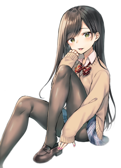 1girl bangs black_legwear blue_skirt blush bow bowtie brown_cardigan brown_footwear brown_hair cardigan collared_shirt diagonal-striped_neckwear diagonal_stripes eyebrows_visible_through_hair fingernails green_eyes hand_up loafers long_hair long_sleeves midorikawa_you mole mole_under_eye nail_polish original pantyhose parted_lips pink_nails plaid plaid_skirt pleated_skirt red_neckwear school_uniform shirt shoes simple_background sitting skirt sleeves_past_wrists smile solo striped striped_neckwear very_long_hair white_background white_shirt