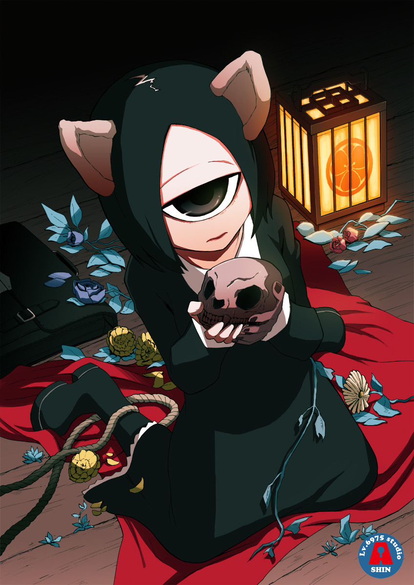 1girl animal_ears artist_logo black_background black_footwear black_hair blanket blue_flower boots closed_mouth cyclops floor flower highres holding holding_skull long_hair long_sleeves looking_at_viewer one-eyed original rope shin_arakawa solo wooden_floor