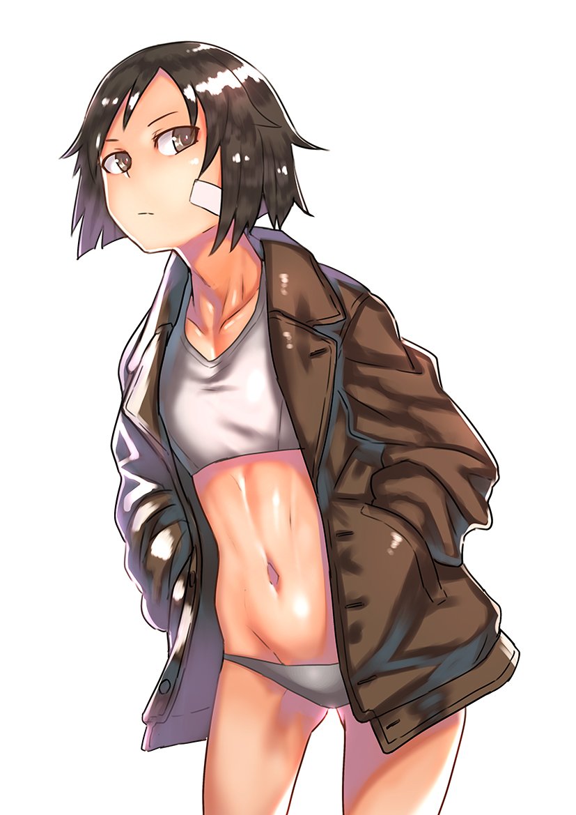 1girl bandage_on_face bandaid bandaid_on_face bangs black_eyes black_hair bra brave_witches brown_jacket closed_mouth collarbone commentary cowboy_shot frown gluteal_fold grey_bra grey_panties hands_in_pockets jack_hamster jacket kanno_naoe leaning_forward looking_at_viewer navel open_clothes open_jacket panties short_hair simple_background solo sports_bra standing underwear white_background world_witches_series