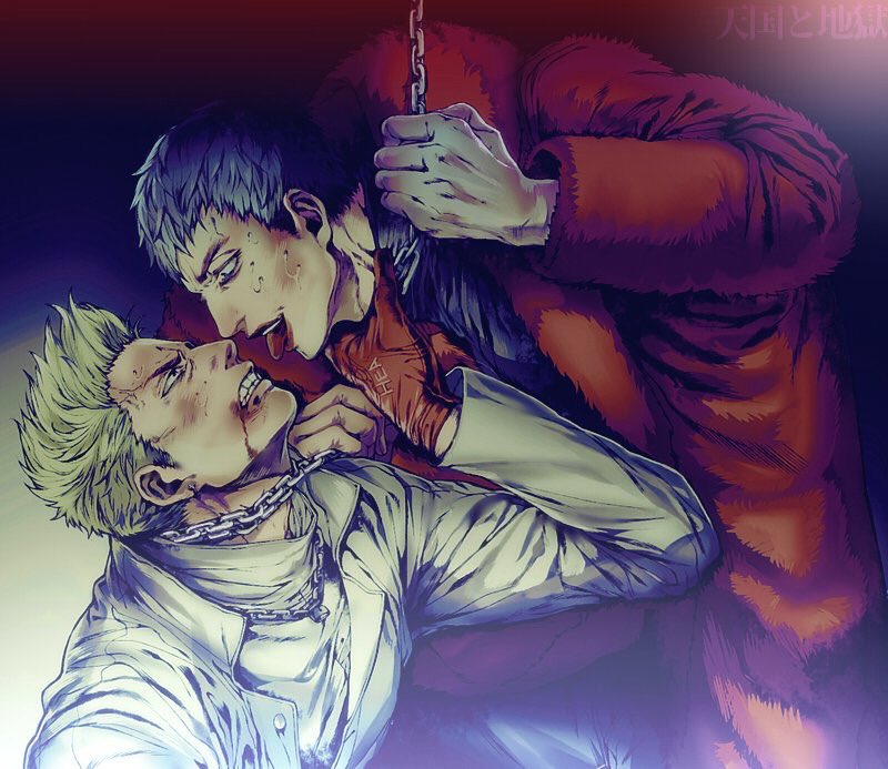 2boys black_lipstick blonde_hair chains clenched_teeth coat fur_coat grey_hair hand_on_another's_neck hayashi_ranmaru high_&amp;_low lipstick makeup multiple_boys red_coat reticulum short_hair teeth tongue tongue_out very_short_hair