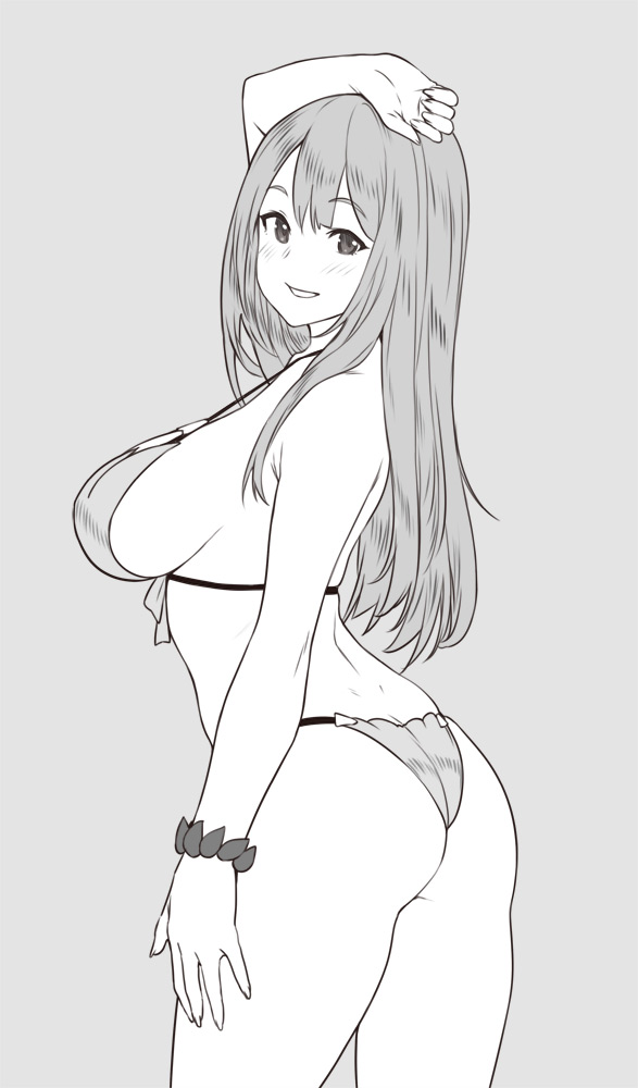 1girl arm_up ass bracelet breasts contrapposto dimples_of_venus houtengeki jewelry large_breasts long_hair looking_back monochrome navel sideboob skindentation smile solo standing swimsuit