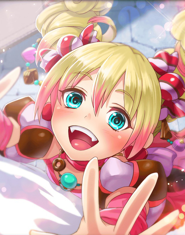 1girl aqua_eyes artist_request blonde_hair blush colored_tips double_bun hair_ornament hair_up jewelry multicolored_hair necklace official_art open_mouth perun phantom_of_the_kill smile stone_floor