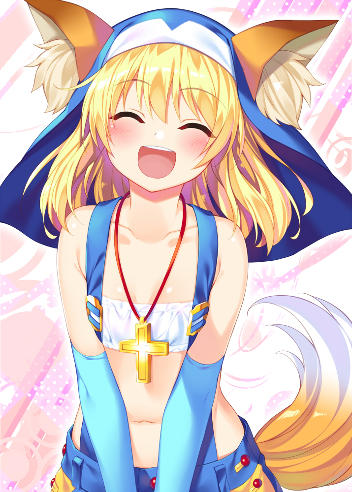 1girl :d animal_ears blonde_hair blue_gloves blush bra bucchake_(asami) closed_eyes collarbone cross cross_necklace elbow_gloves eyebrows_visible_through_hair facing_viewer flat_chest fox_ears fox_tail gloves jewelry medium_hair midriff navel necklace ootomo_sourin_(sengoku_otome) open_mouth sengoku_otome slingshot smile solo standing suspenders tail underwear upper_body white_bra