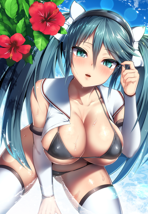 1girl adjusting_hair ayagi_daifuku bikini black_bikini breasts cleavage detached_sleeves flower green_hair hibiscus isuzu_(kantai_collection) kantai_collection large_breasts micro_bikini open_clothes open_shirt solo swimsuit thigh-highs twintails white_legwear