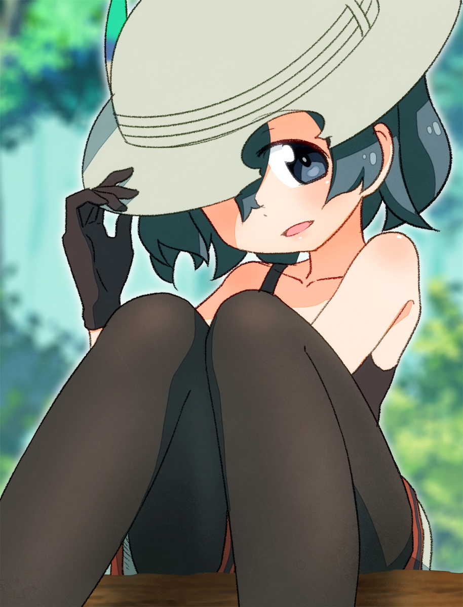 1girl bare_shoulders black_eyes black_gloves black_legwear black_tank_top blurry blurry_background collarbone commentary_request gloves green_hair hand_on_headwear hat hat_over_one_eye highres kaban_(kemono_friends) kemono_friends looking_at_viewer no_shirt one_eye_covered pantyhose pantyhose_under_shorts parted_lips sat-c short_hair shorts sitting smile solo white_hat