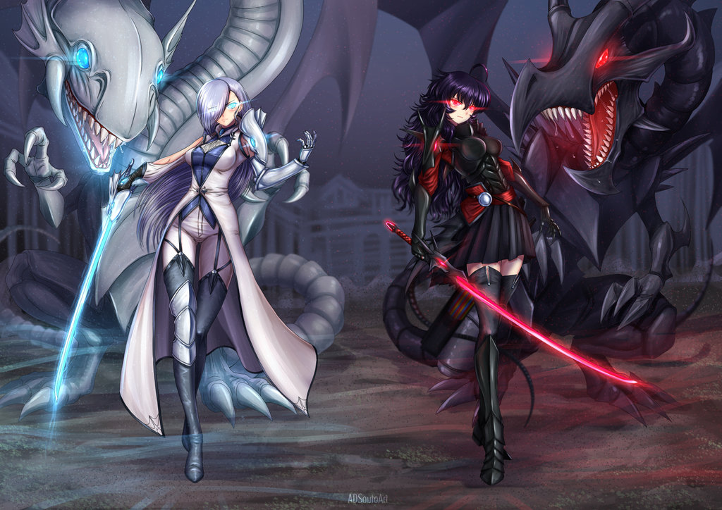 2girls adsouto black_hair blue-eyes_white_dragon blue_eyes breasts claws crossover dragon duel_monster eyebrows_visible_through_hair glowing glowing_eyes hair_between_eyes hair_over_one_eye holding holding_sword holding_weapon horns jewelry katana long_hair mature multiple_girls necklace open_mouth raven_branwen red-eyes_b._dragon red_eyes rwby sharp_teeth skirt sword teeth weapon white_hair wings winter_schnee yu-gi-oh!