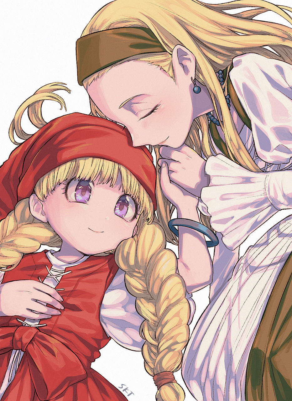 2girls bead_necklace beads blonde_hair bracelet braid closed_eyes closed_mouth dragon_quest dragon_quest_xi earrings green_hairband hair_slicked_back hairband hand_holding hand_on_own_chest hat highres jewelry juliet_sleeves long_hair long_sleeves looking_at_another multiple_girls necklace puffy_sleeves red_hat sekito senya_(dq11) siblings simple_background sisters smile straight_hair twin_braids veronica_(dq11) violet_eyes white_background