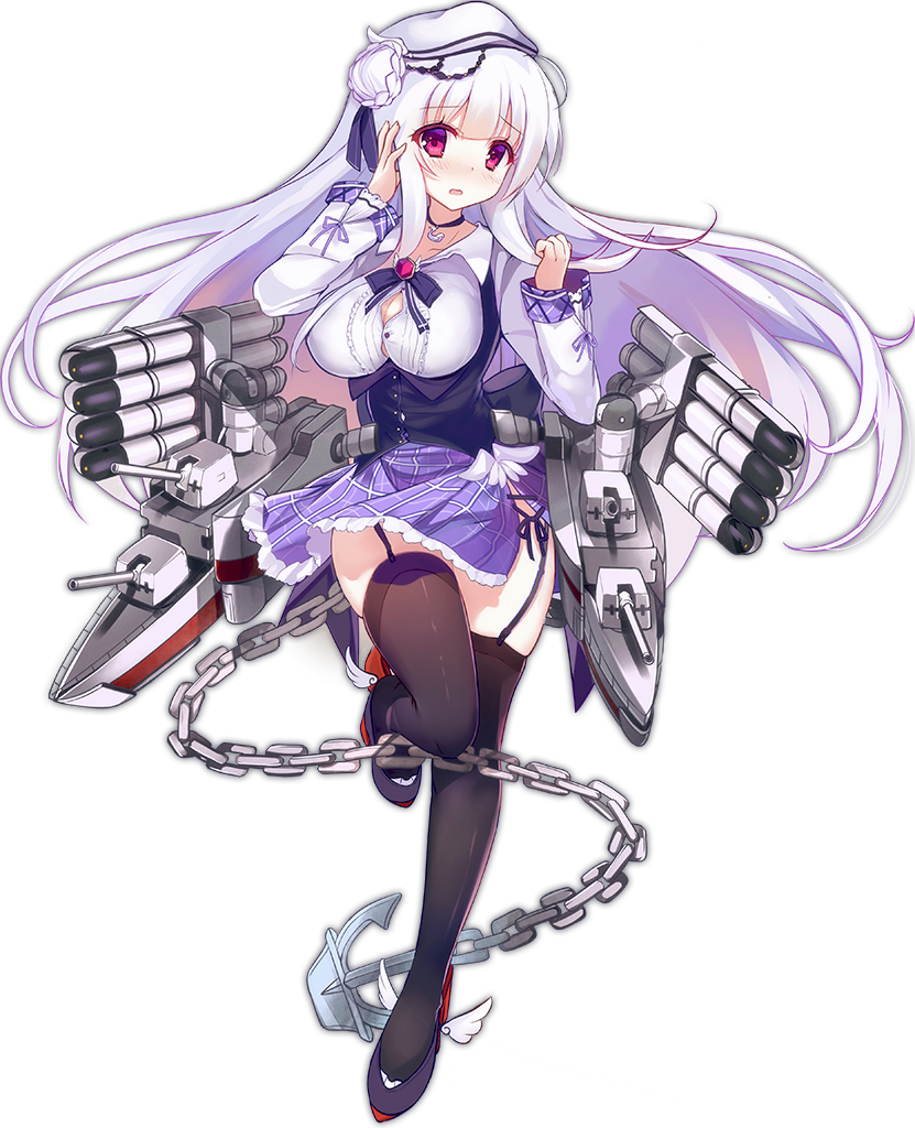 1girl anchor azur_lane bangs black_legwear black_ribbon black_vest blush breasts bursting_breasts chains choker cleavage collared_shirt cygnet_(azur_lane) double_bun embarrassed eyebrows_visible_through_hair full_body garter_straps hand_on_own_face hat hecha_(swy1996228) large_breasts long_hair long_sleeves looking_at_viewer machinery neck_ribbon official_art parted_lips red_eyes remodel_(azur_lane) ribbon shirt skindentation skirt solo standing standing_on_one_leg tachi-e thigh-highs torpedo torpedo_tubes transparent_background vest white_hair white_shirt