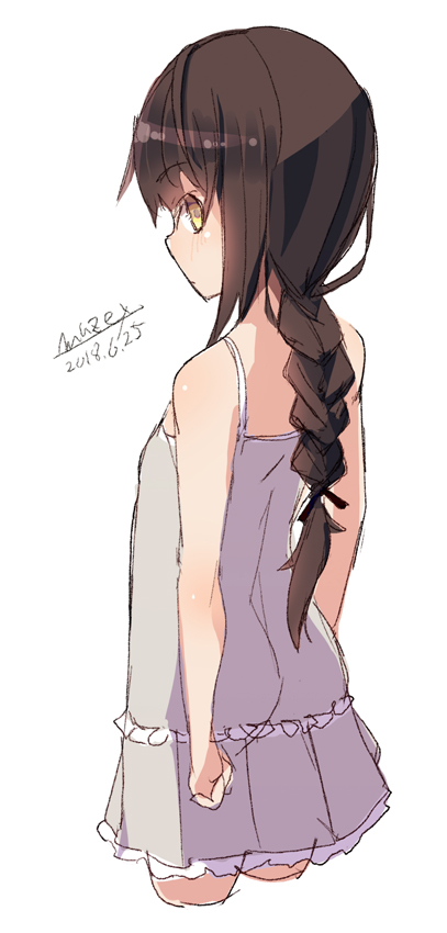 1girl bangs bare_arms bare_shoulders blush braid brown_eyes brown_hair closed_mouth cropped_legs dated dress eyebrows_visible_through_hair grey_dress long_hair looking_at_viewer looking_back maze_(gochama_ze_gohan) original pleated_dress signature simple_background single_braid sketch sleeveless sleeveless_dress solo very_long_hair white_background